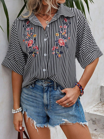 Striped & Floral Embroidery Batwing Sleeve Shirt