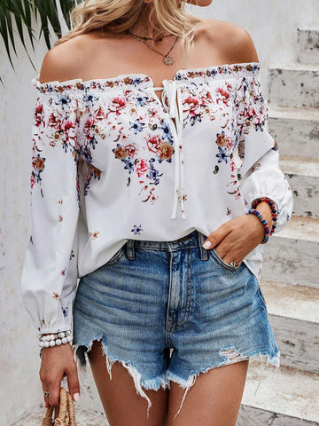Off Shoulder Knot Front Flounce Sleeve Blouse