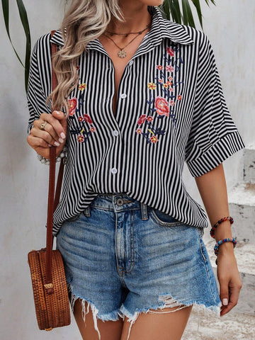 Striped & Floral Embroidery Batwing Sleeve Shirt