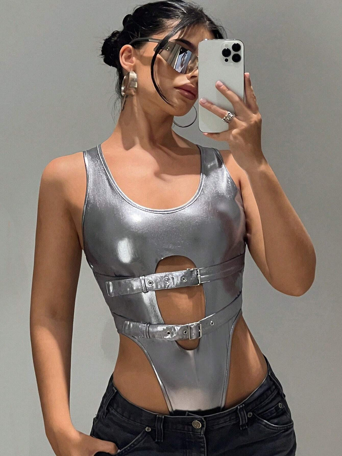 Cut Out Buckle Front Metallic Tank Bodysuit