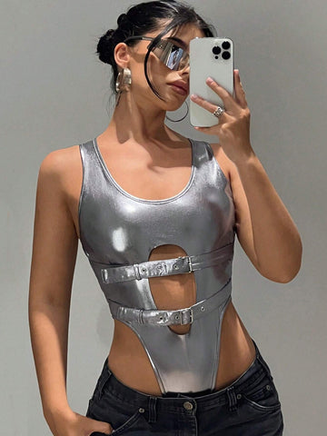 Cut Out Buckle Front Metallic Tank Bodysuit