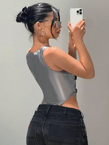 Cut Out Buckle Front Metallic Tank Bodysuit