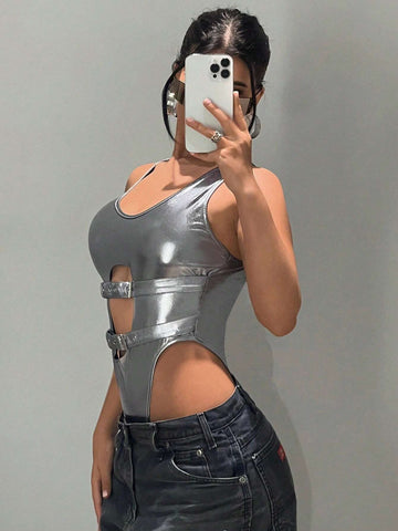 Cut Out Buckle Front Metallic Tank Bodysuit