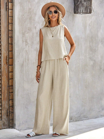 EMERY ROSE Solid Tank Top & Wide Leg Pants