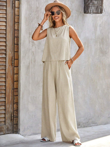 EMERY ROSE Solid Tank Top & Wide Leg Pants