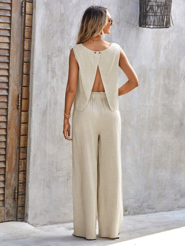 EMERY ROSE Solid Tank Top & Wide Leg Pants