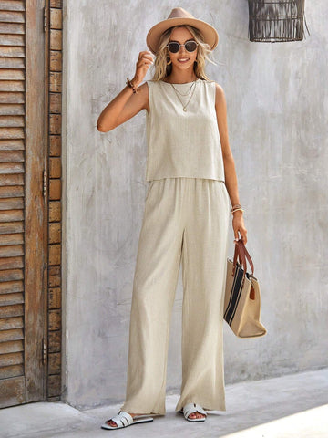 EMERY ROSE Solid Tank Top & Wide Leg Pants