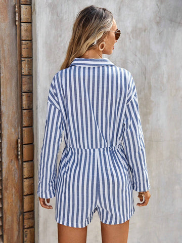 EMERY ROSE Striped Print Drop Shoulder Knot Front Shirt Romper