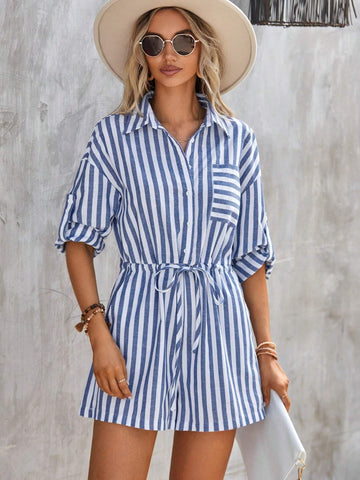 EMERY ROSE Striped Print Drop Shoulder Knot Front Shirt Romper