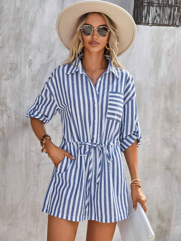 EMERY ROSE Striped Print Drop Shoulder Knot Front Shirt Romper