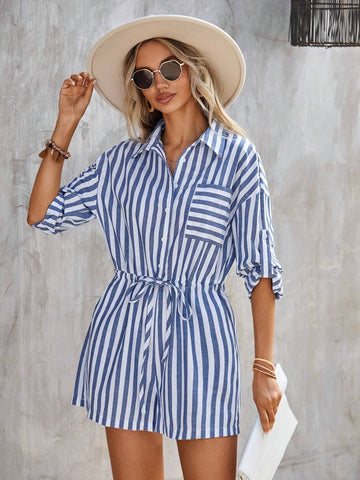 EMERY ROSE Striped Print Drop Shoulder Knot Front Shirt Romper