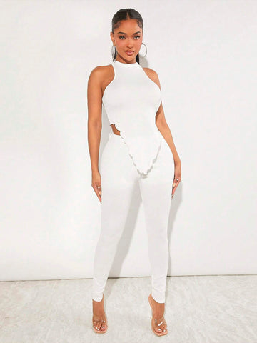 Solid Asymmetrical Hem Halter Top & Leggings