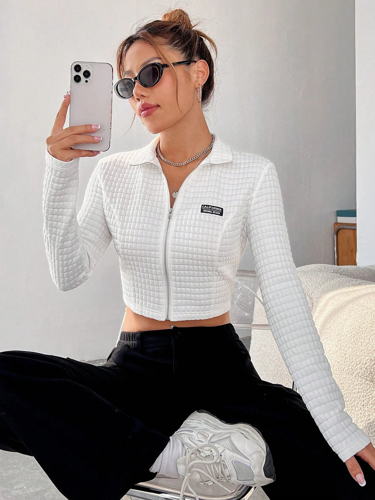 Letter Patched Detail Zip Up Crop Tee