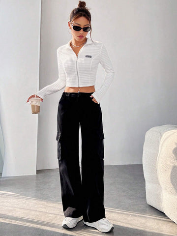 Letter Patched Detail Zip Up Crop Tee