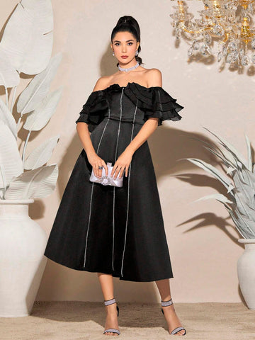 Off Shoulder Contrast Piping Ruffle Trim Dress