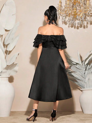 Off Shoulder Contrast Piping Ruffle Trim Dress