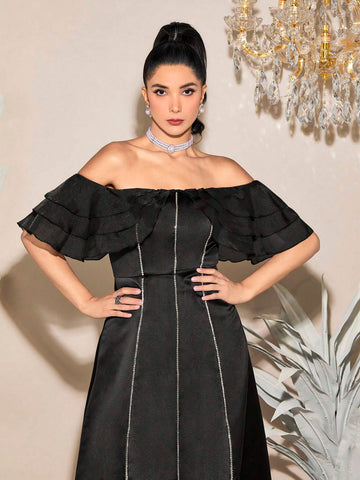 Off Shoulder Contrast Piping Ruffle Trim Dress