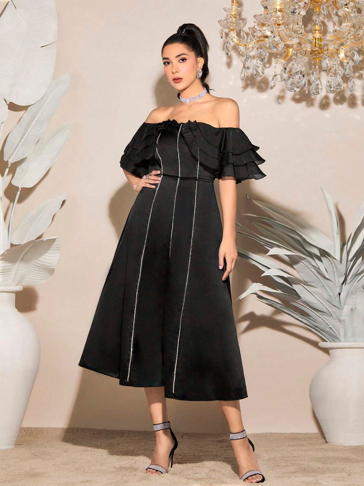 Off Shoulder Contrast Piping Ruffle Trim Dress