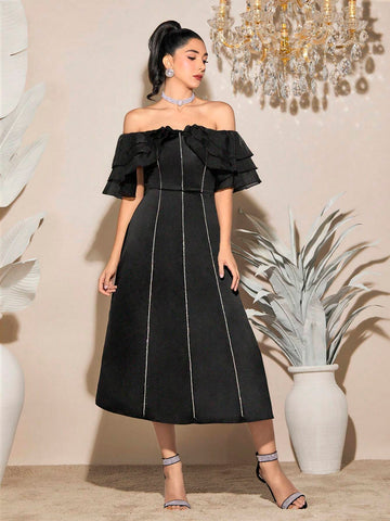 Off Shoulder Contrast Piping Ruffle Trim Dress