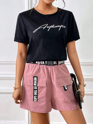 Letter Graphic Tee & Flap Pocket Push Buckle Belted Shorts