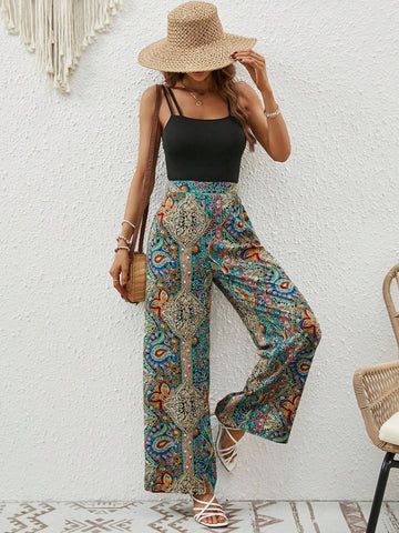 EMERY ROSE Solid Cami Top & Paisley Print Wide Leg Pants