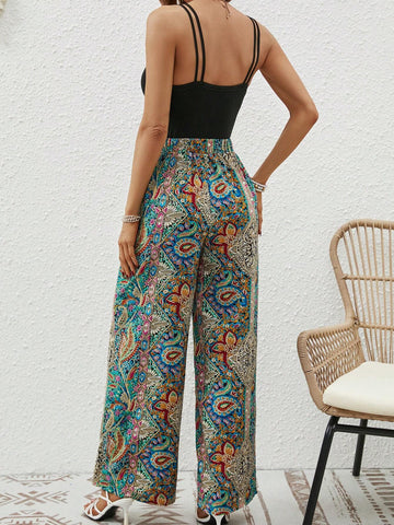 EMERY ROSE Solid Cami Top & Paisley Print Wide Leg Pants