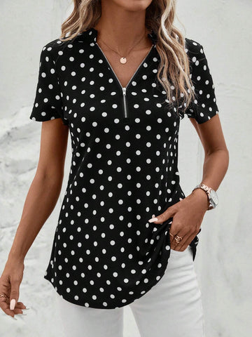 Polka Dot Half Zip Blouse