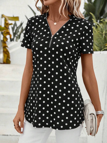 Polka Dot Half Zip Blouse