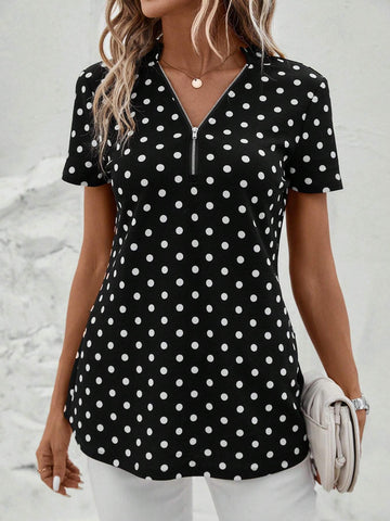 Polka Dot Half Zip Blouse