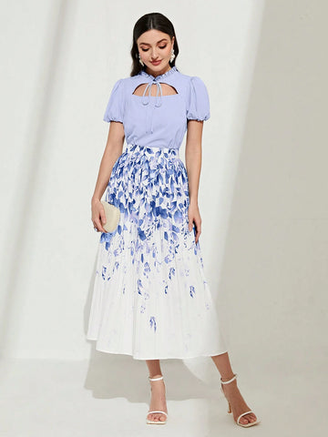 Tie Neck Puff Sleeve Top & Plants Print Skirt