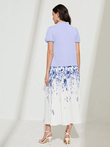 Tie Neck Puff Sleeve Top & Plants Print Skirt