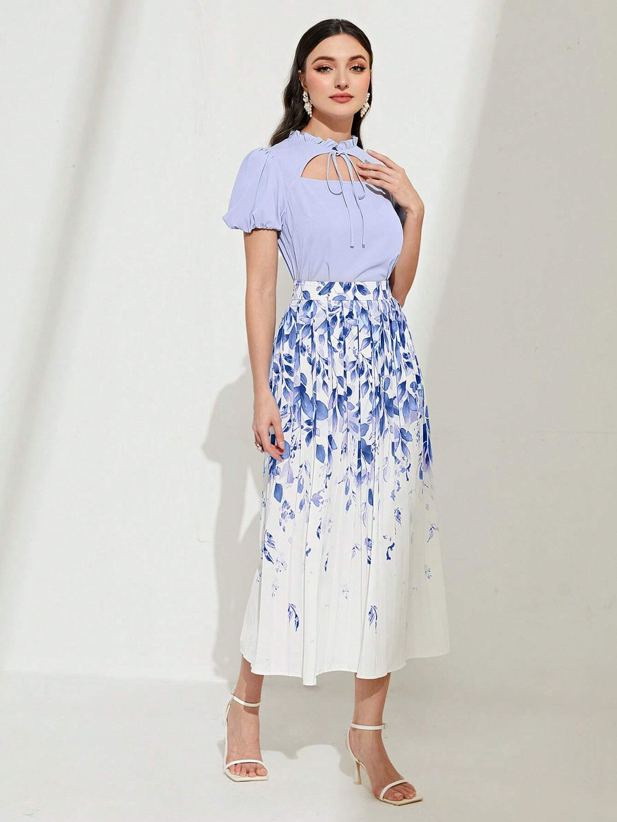 Tie Neck Puff Sleeve Top & Plants Print Skirt