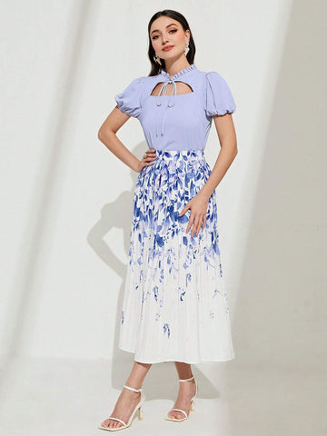 Tie Neck Puff Sleeve Top & Plants Print Skirt