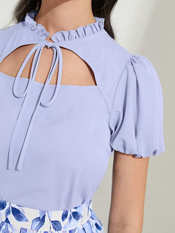 Tie Neck Puff Sleeve Top & Plants Print Skirt