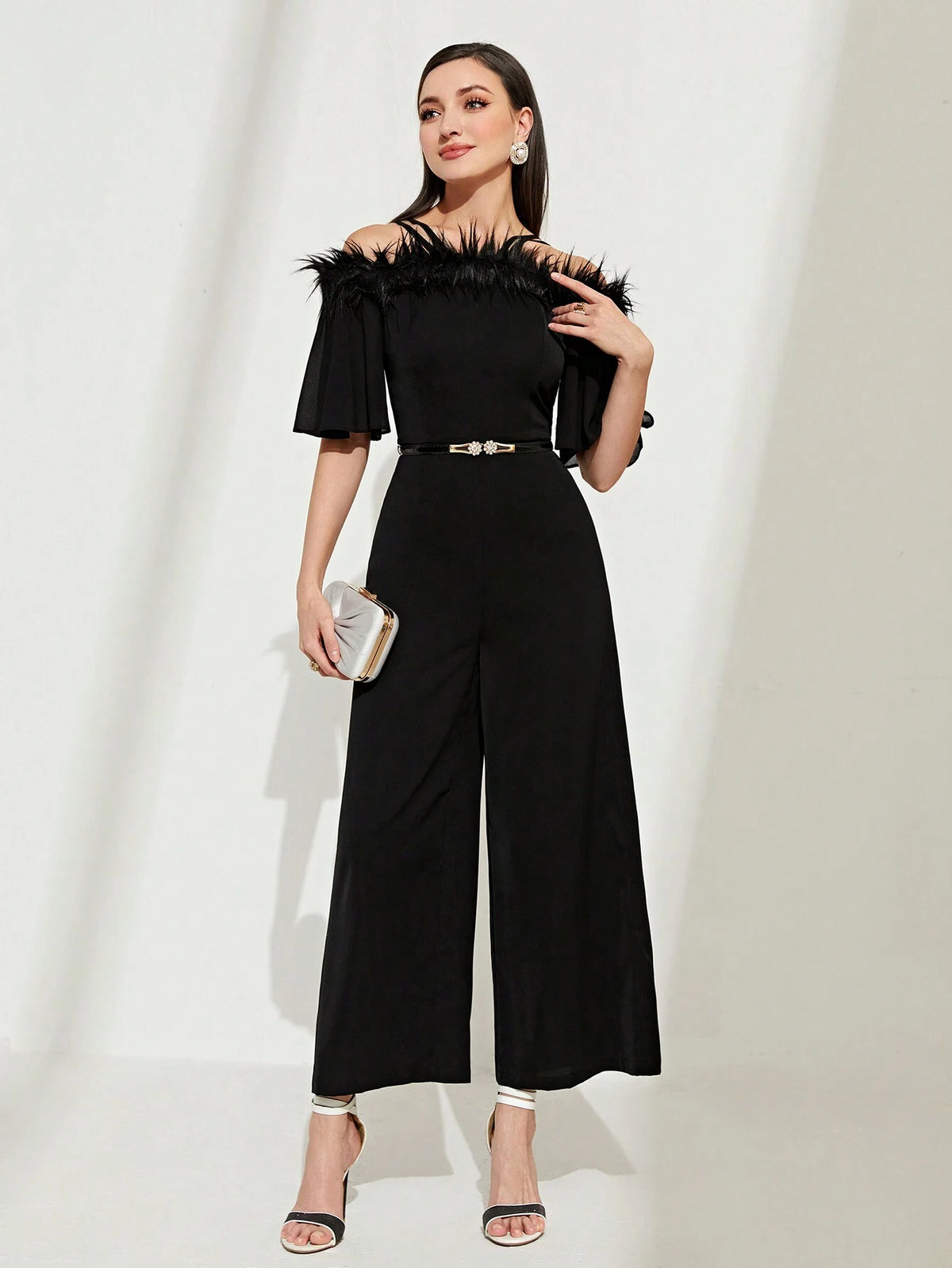 Cold Shoulder Fuzzy Trim Wide Leg Jumpsuit Without Belt