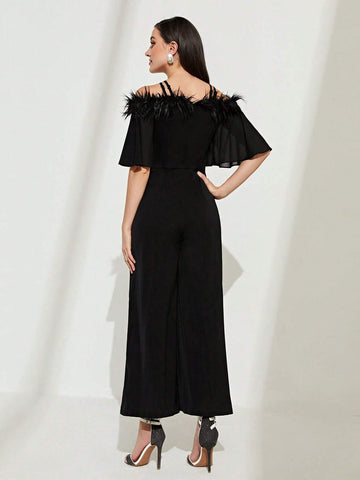 Cold Shoulder Fuzzy Trim Wide Leg Jumpsuit Without Belt