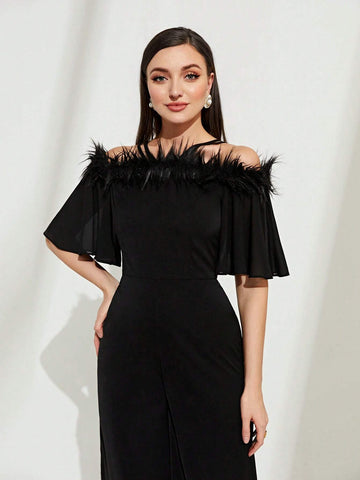 Cold Shoulder Fuzzy Trim Wide Leg Jumpsuit Without Belt
