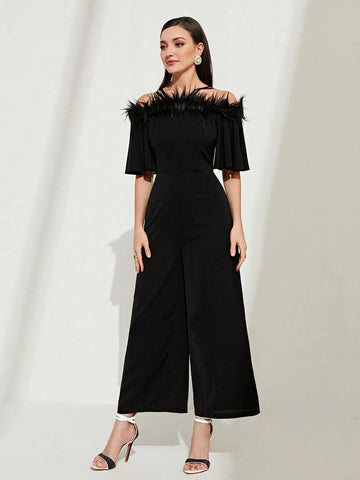 Cold Shoulder Fuzzy Trim Wide Leg Jumpsuit Without Belt