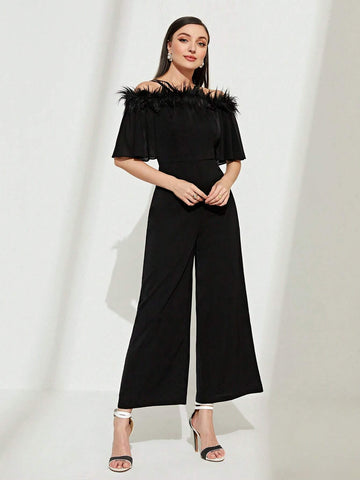 Cold Shoulder Fuzzy Trim Wide Leg Jumpsuit Without Belt