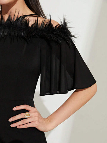 Cold Shoulder Fuzzy Trim Wide Leg Jumpsuit Without Belt