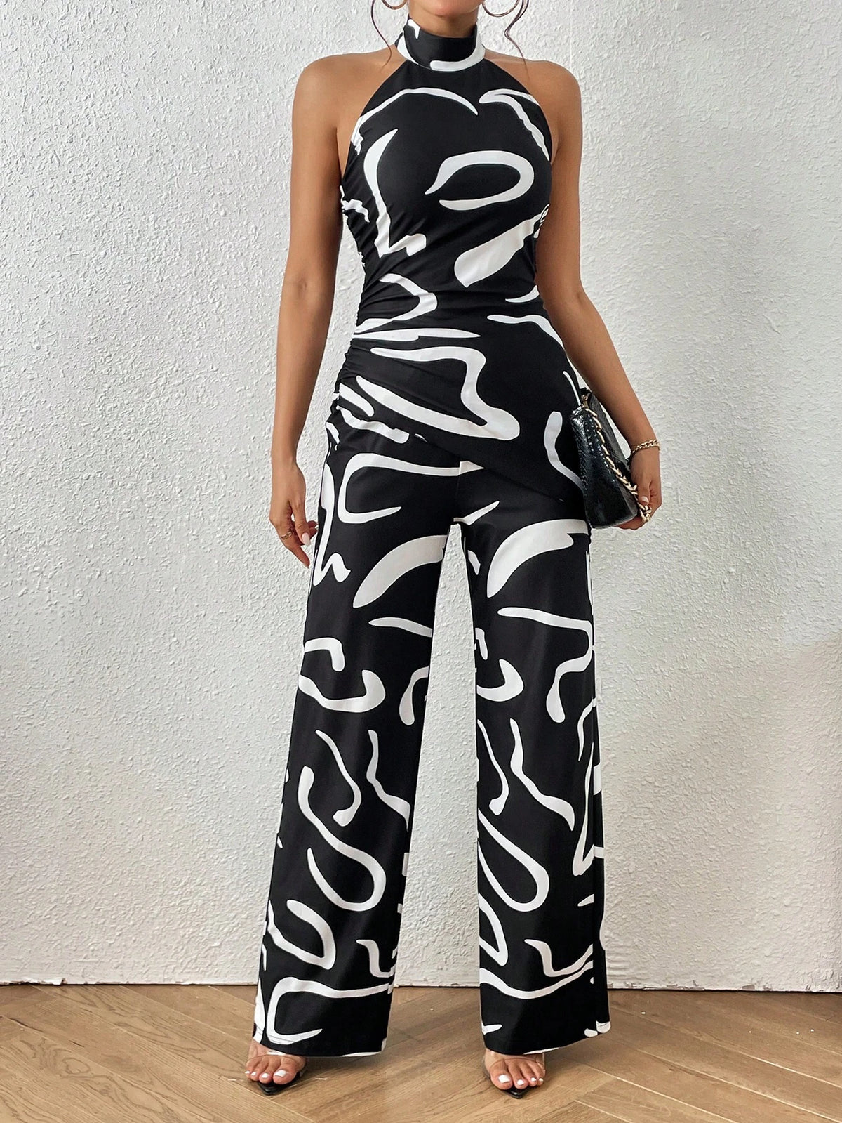 Graphic Halter Neck Backless Top & Wide Leg Pants