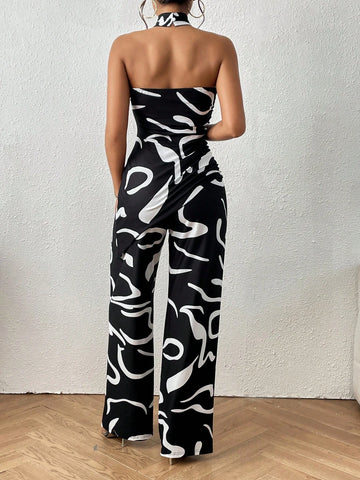 Graphic Halter Neck Backless Top & Wide Leg Pants