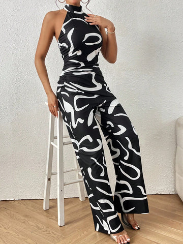 Graphic Halter Neck Backless Top & Wide Leg Pants