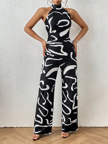Graphic Halter Neck Backless Top & Wide Leg Pants
