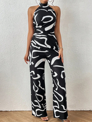 Graphic Halter Neck Backless Top & Wide Leg Pants