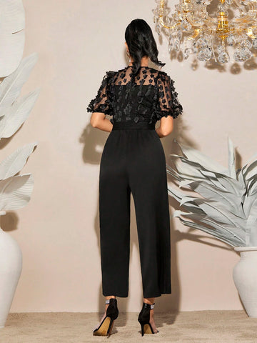 Floral Applique Contrast Mesh Puff Sleeve Belted Wide Leg Jumpsuit