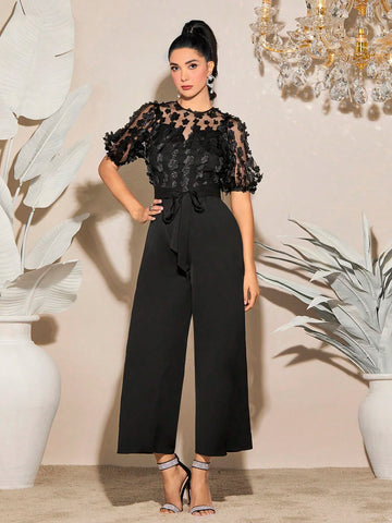 Floral Applique Contrast Mesh Puff Sleeve Belted Wide Leg Jumpsuit