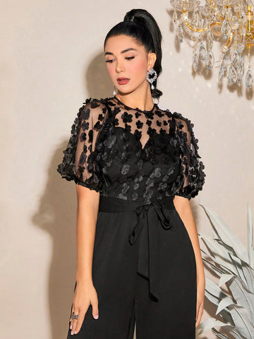 Floral Applique Contrast Mesh Puff Sleeve Belted Wide Leg Jumpsuit