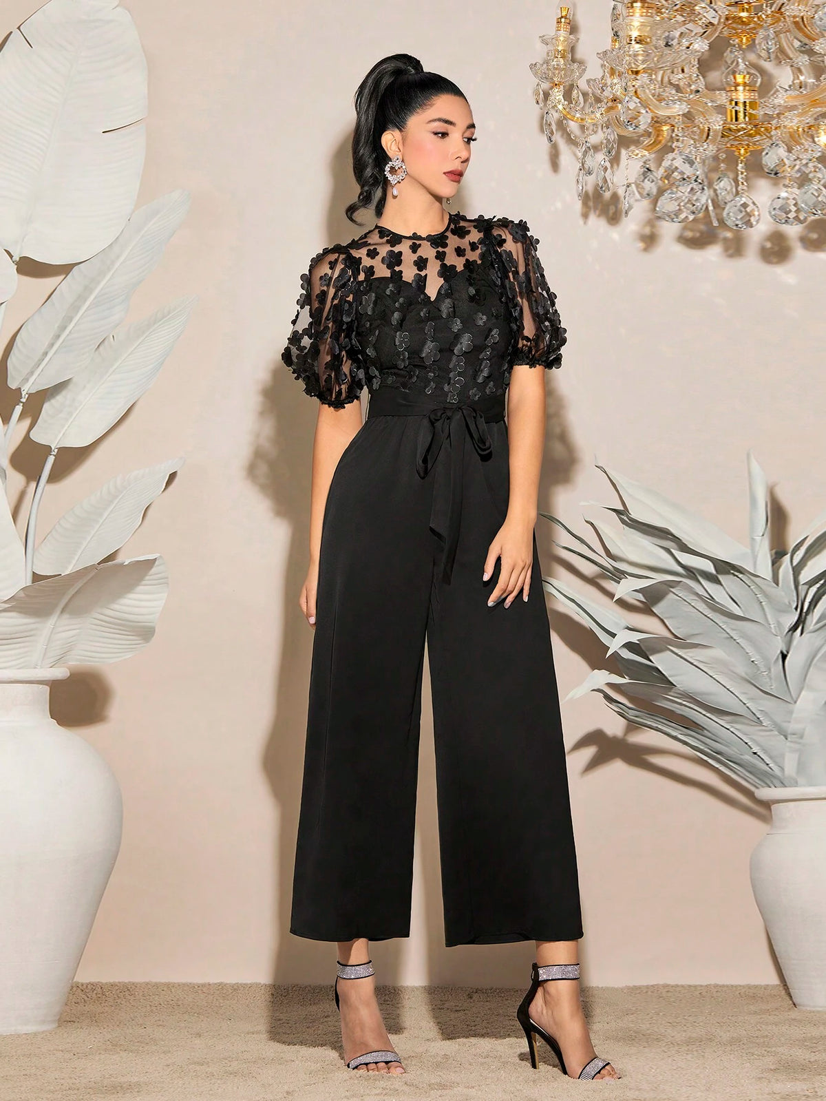 Floral Applique Contrast Mesh Puff Sleeve Belted Wide Leg Jumpsuit