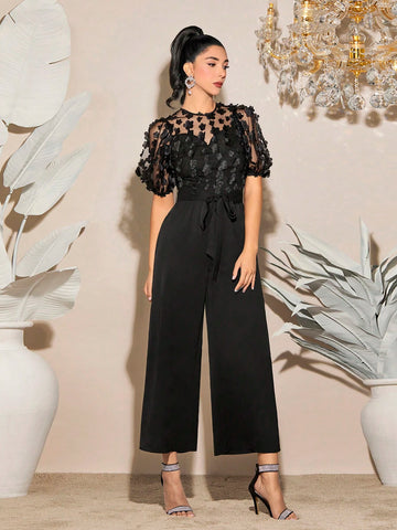 Floral Applique Contrast Mesh Puff Sleeve Belted Wide Leg Jumpsuit